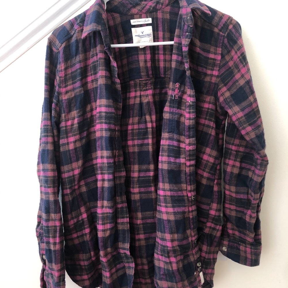 American Eagle Purple blue and tan flannel